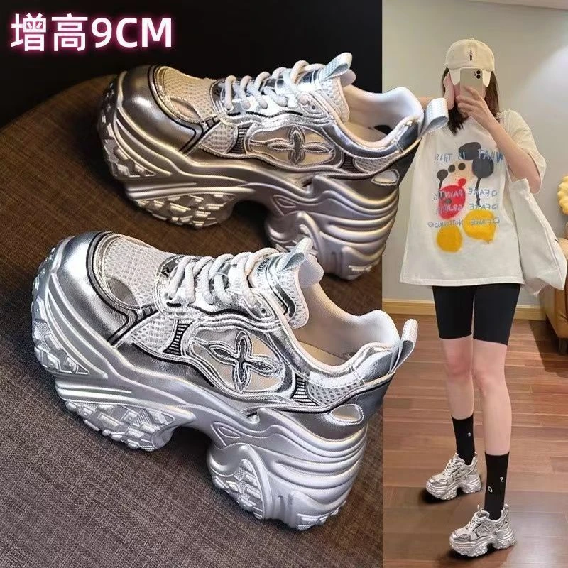 榴莲底银色老爹鞋女2025夏季新款厚底内增高镂空洞洞凉鞋