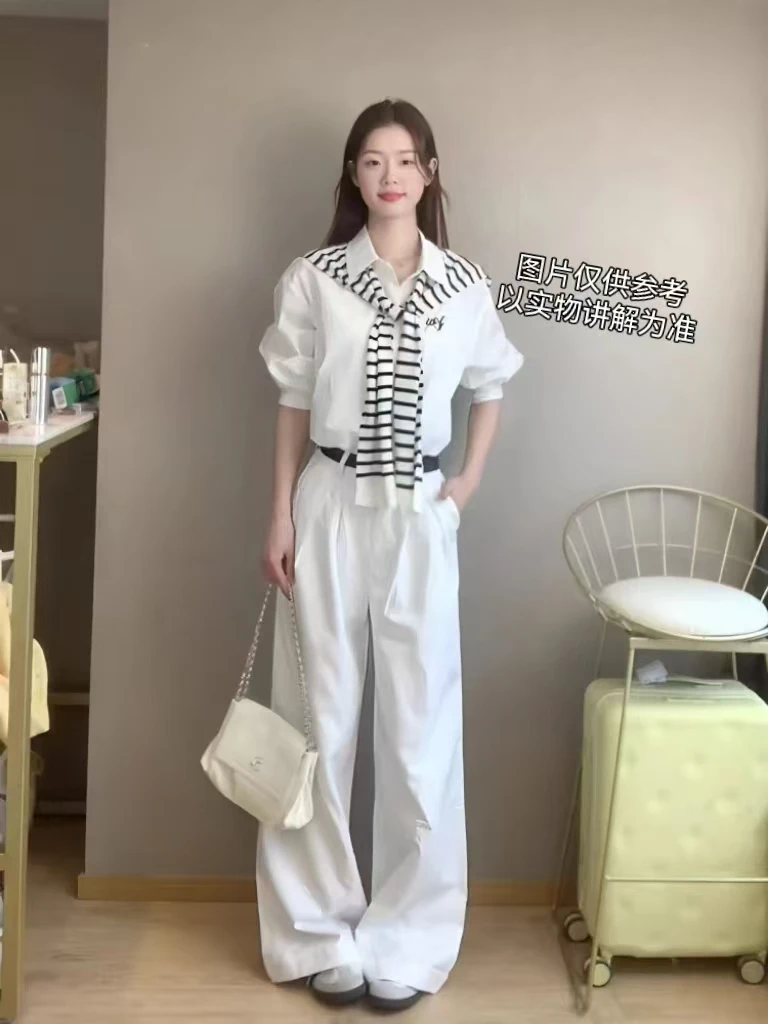 微胖大码女装2025春季新款套装韩系叠穿学院风衬衫+条纹披肩