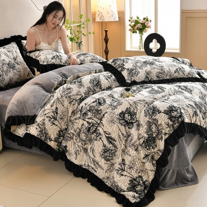 高端韩版加厚保暖花边牛奶绒四件套法莱绒宝宝绒床单被套床上用品