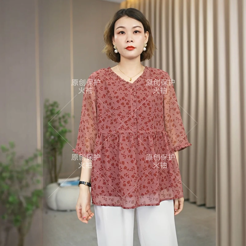 火袖10052显瘦红妈妈装上衣2024夏季新款宽松遮肉印花洋气小衫