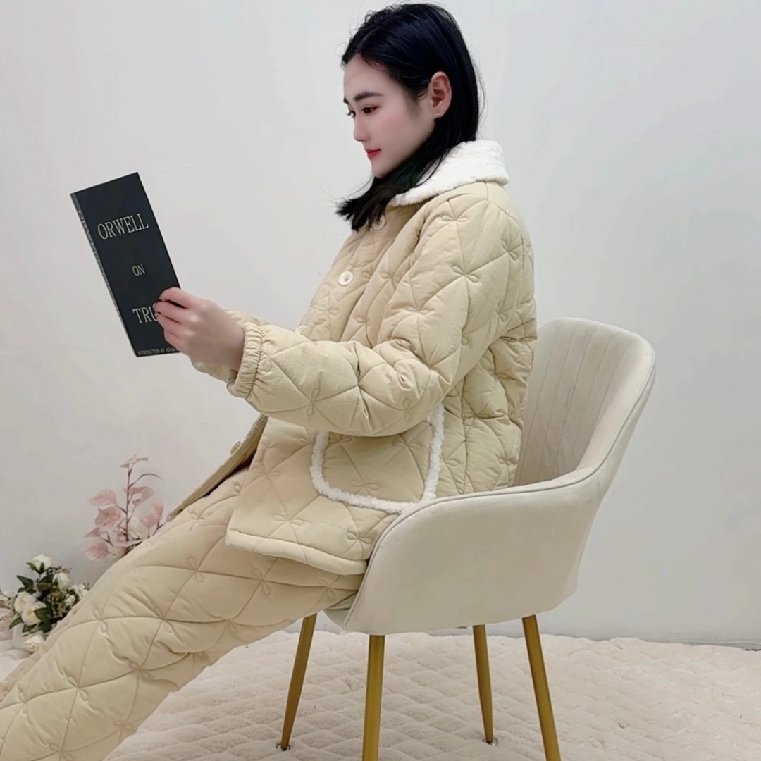 【8182冬季特厚新款睡衣】女士冬季加厚夹棉保暖睡衣可外穿套装