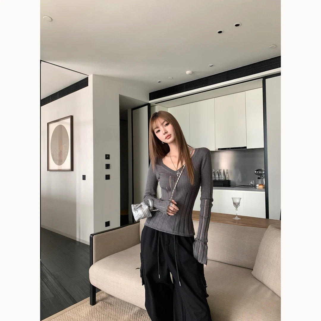 IMM梦茹 复古黑色口袋抽绳工装裤女设计显瘦休闲直筒长裤