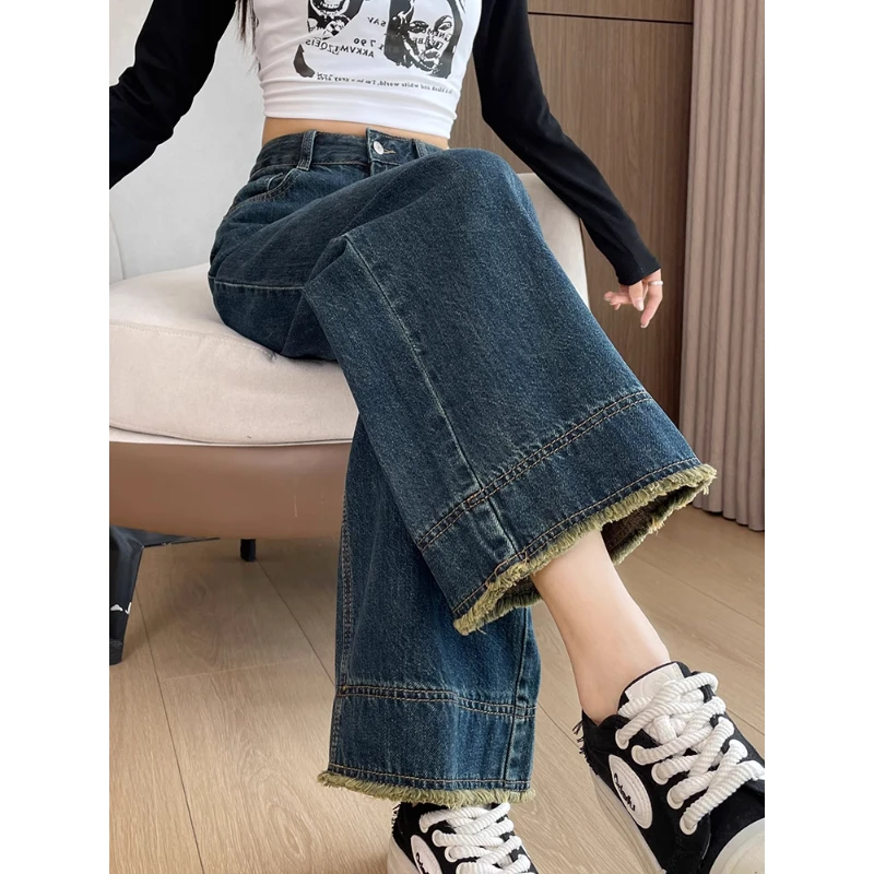 复古加厚牛仔裤女秋季高腰直筒宽松显瘦加绒小个子九分阔腿裤子
