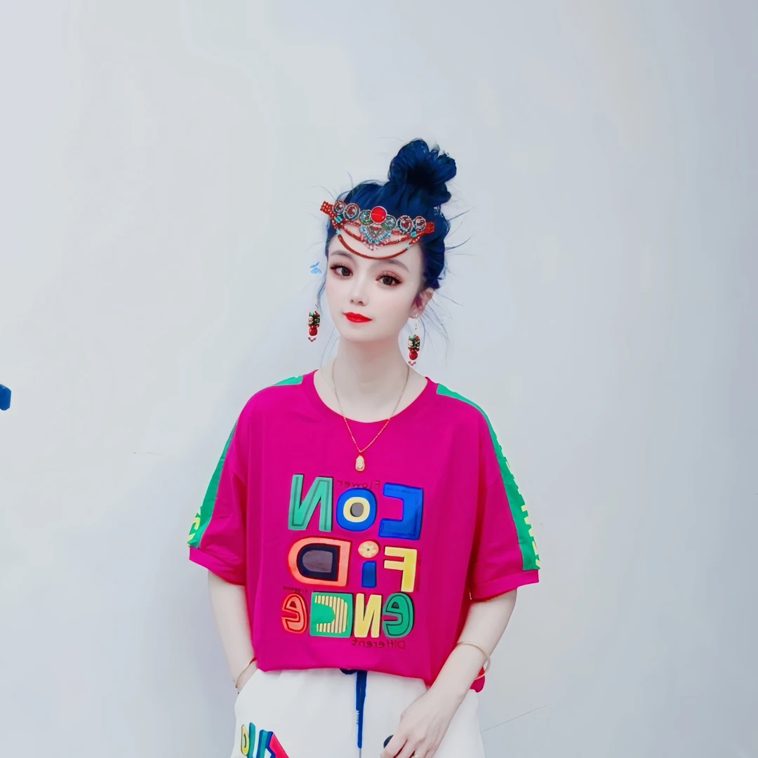 齐小姐夏季薄款圆领纯棉印花时尚休闲百搭宽松减龄洋气潮流短袖