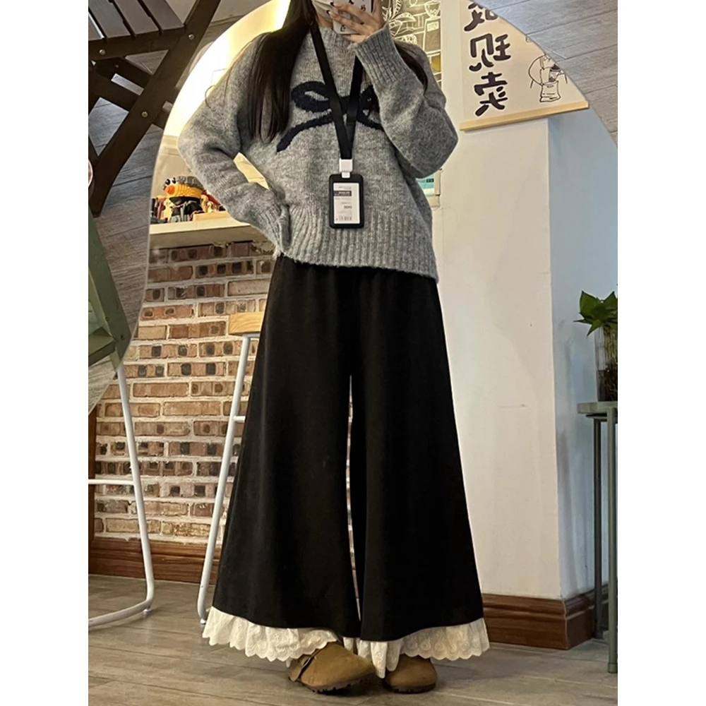 韩系早秋穿搭深灰色蕾丝花边拼接阔腿裤裙大码胖mm慵懒松弛感裙裤