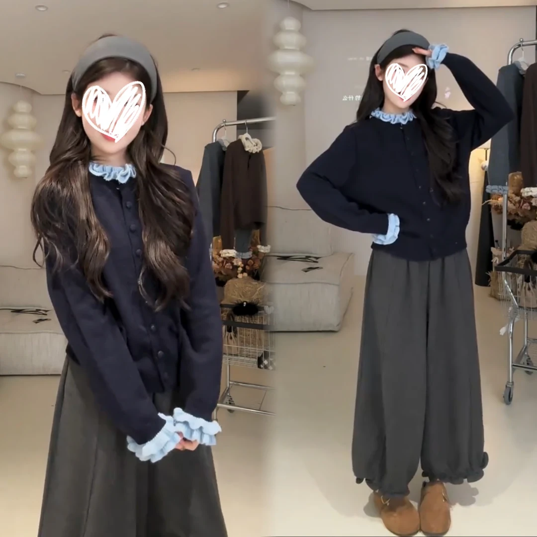 秋冬新款大码木耳边森系高级感开衫上衣宽松显瘦束脚阔腿裤套装