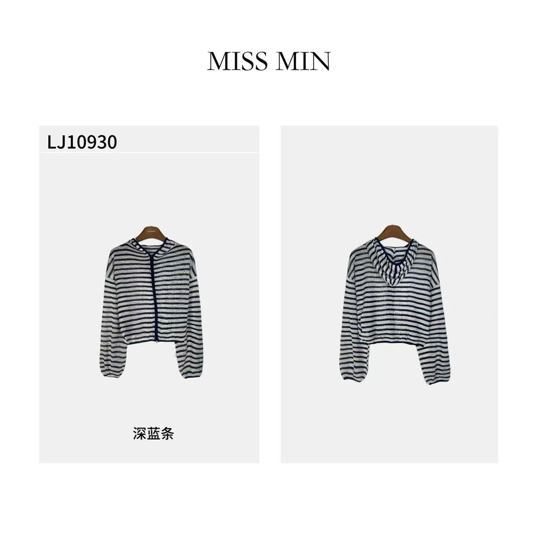 LJ10930 竹节肌理感条纹宽松连帽防晒针织衫双开拉链开衫MISS MIN