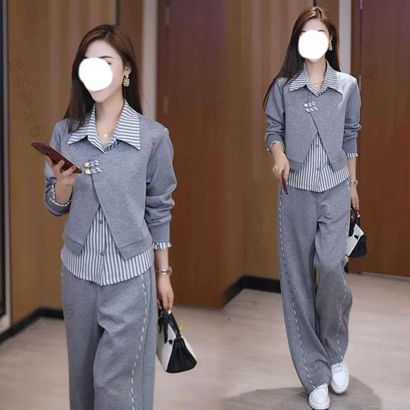 时尚休闲套装女秋季洋气质减龄显瘦假两件衬衫领卫衣阔腿裤两件套