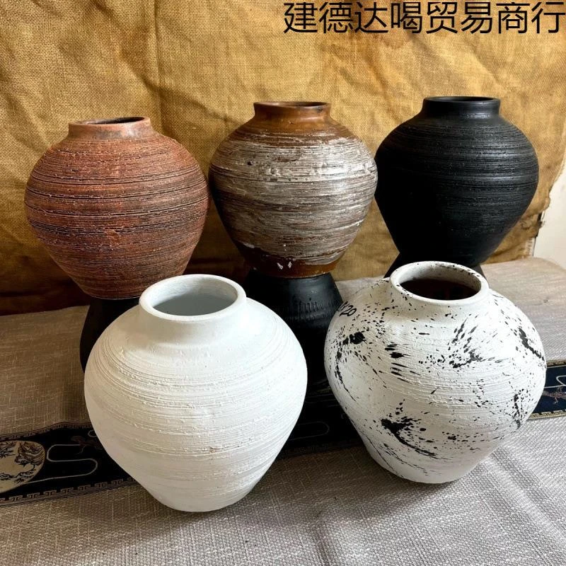 新款陶手工陶罐复古陶瓷花瓶中式干花插花装饰品多肉大花盆客厅摆