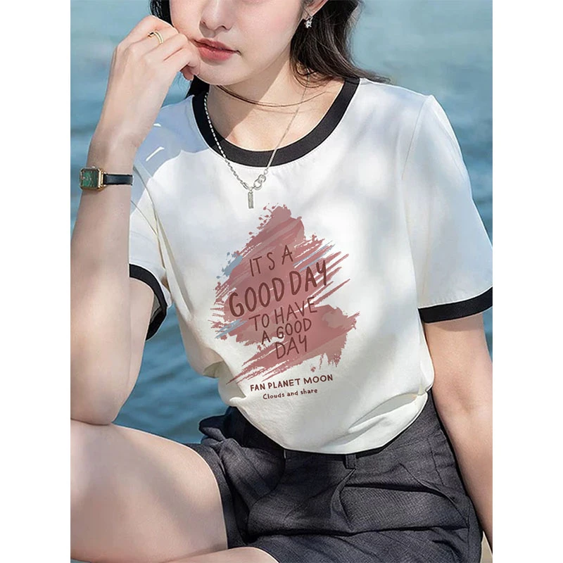 小众不撞款正肩拼色圆领短袖t恤女2025夏季新款韩版时尚百搭上衣