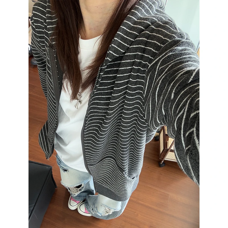 cleanfit韩系条纹拉链开衫连帽卫衣外套男秋季美式慵懒感上衣