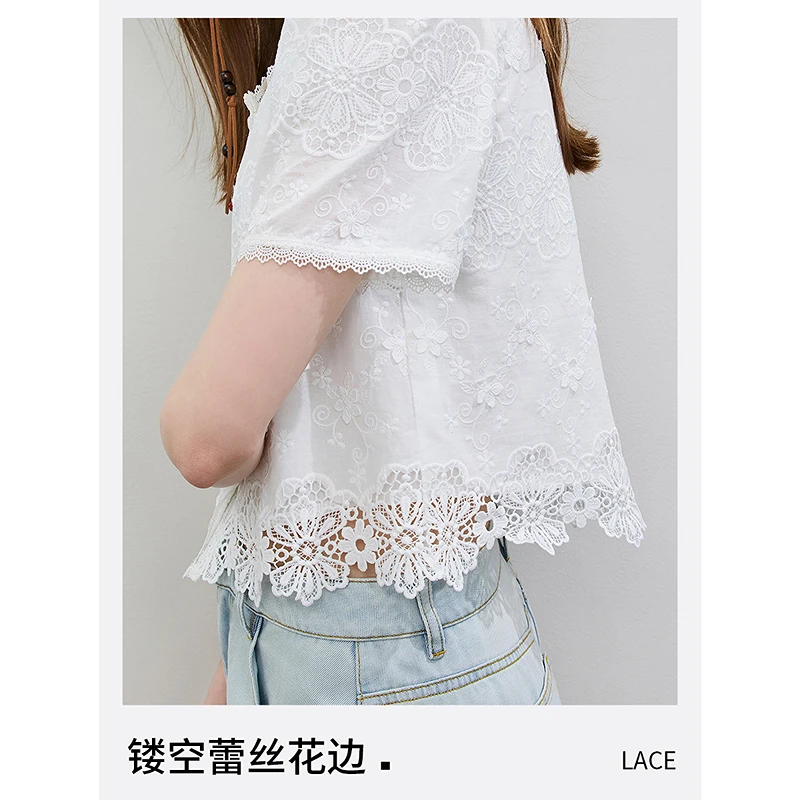 短袖女2025新款洋气kbne小香风法式蕾丝刺绣衬衫百搭V领短袖衬衣