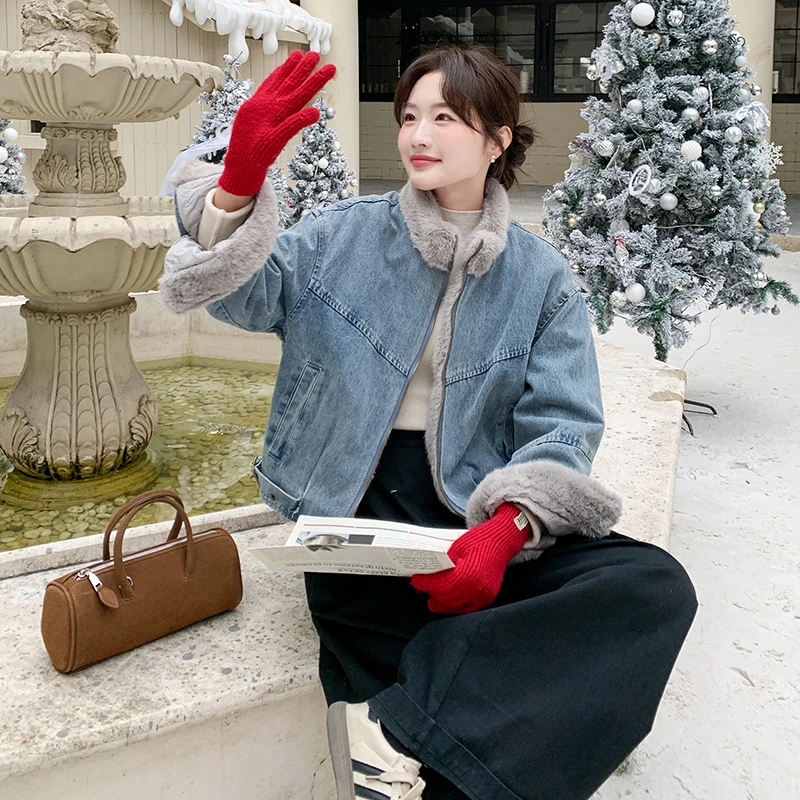 洋气韩版领百搭外套女2025冬季新款蓝色短款加绒加厚保暖派克服