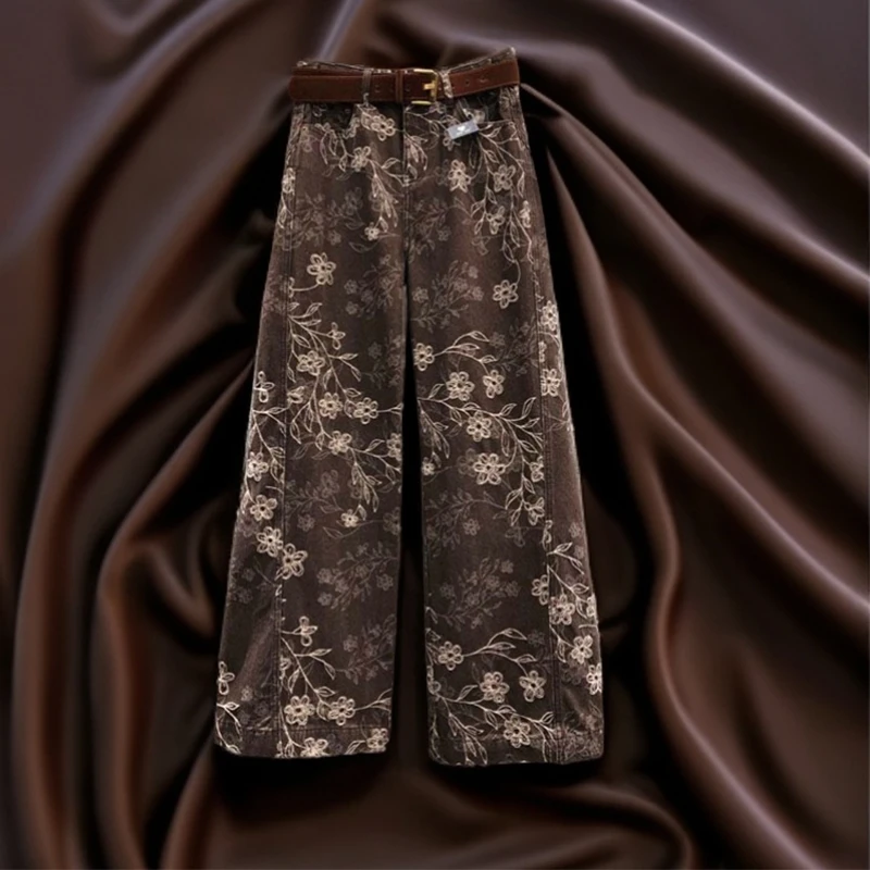 春秋季新款时尚无弹高腰提花牛仔裤女大码宽松显瘦百搭弯刀裤长裤