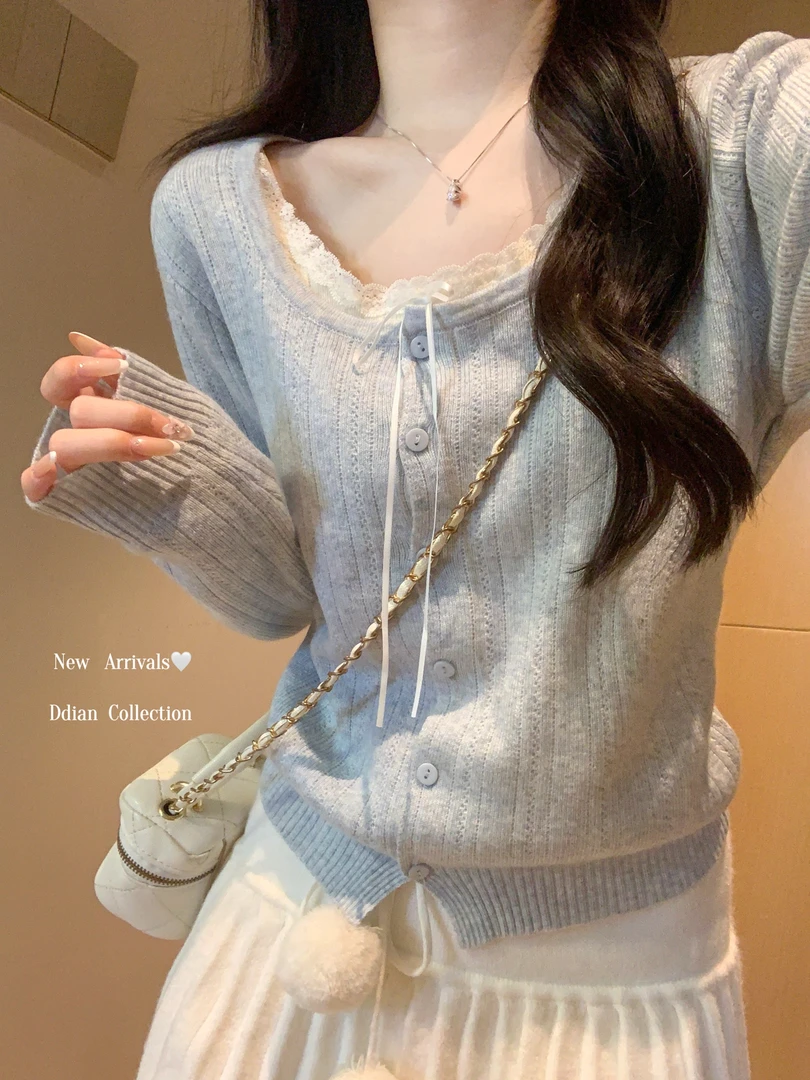 miu系baby蓝蕾丝拼接系带U领针织衫女早秋纯欲修身打底衫A10091