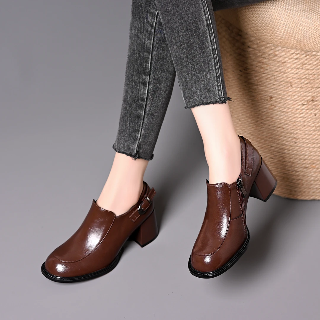 圆头深口单鞋女2025春秋新款英伦风复古百搭粗跟侧拉链乐福鞋