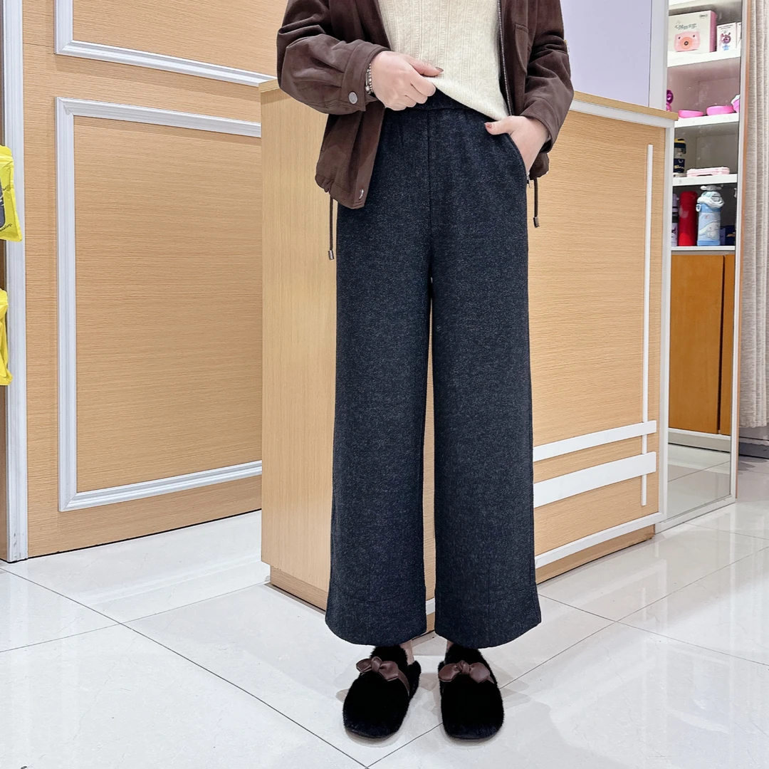 时尚加绒九分阔腿裤5-710女士冬颗粒绒松紧腰休闲中高腰/长90米