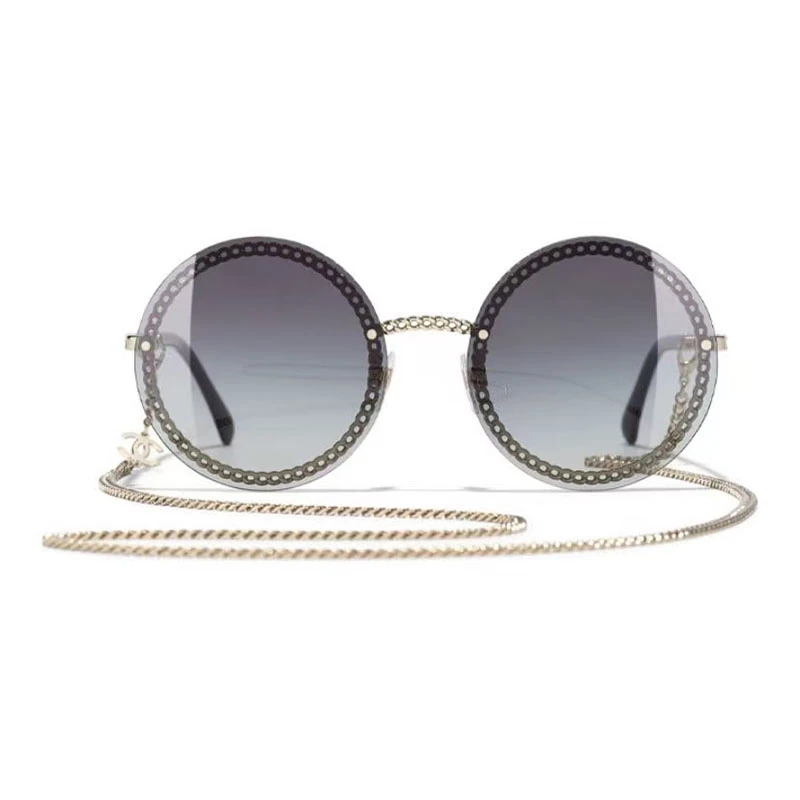 未使用 Chanel/香奈儿 圆框金属链条太阳镜墨镜 金色 58mm