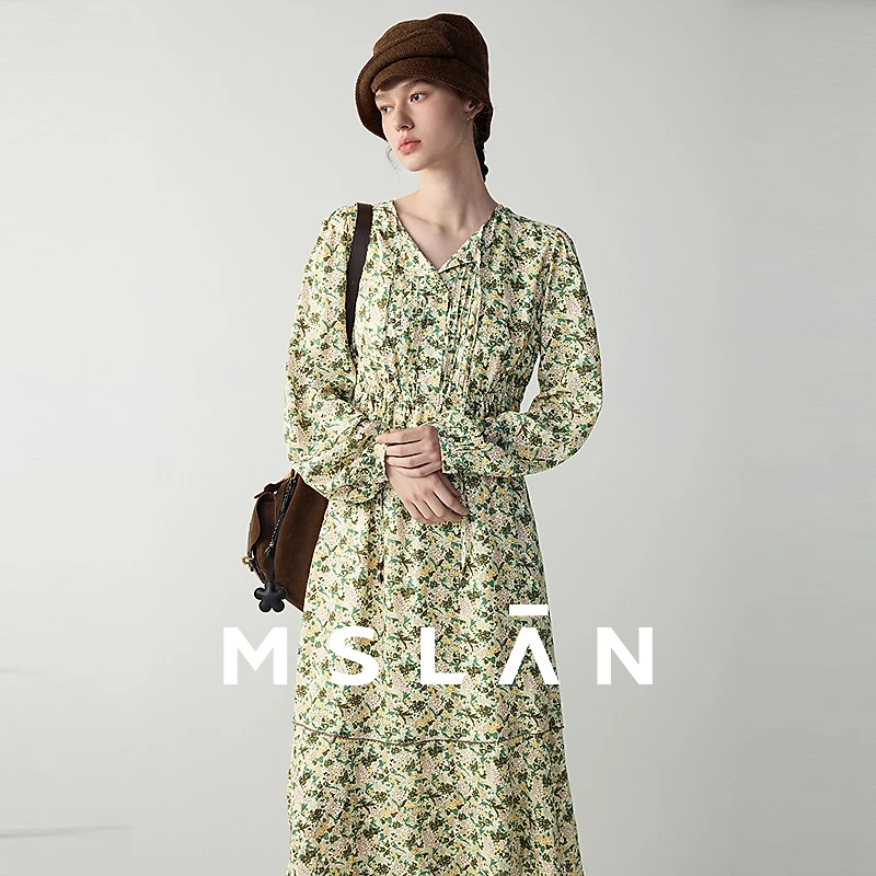 MSLANMSLAN【商场同款】春季新款民俗塔克装饰系带连衣裙MGAT348