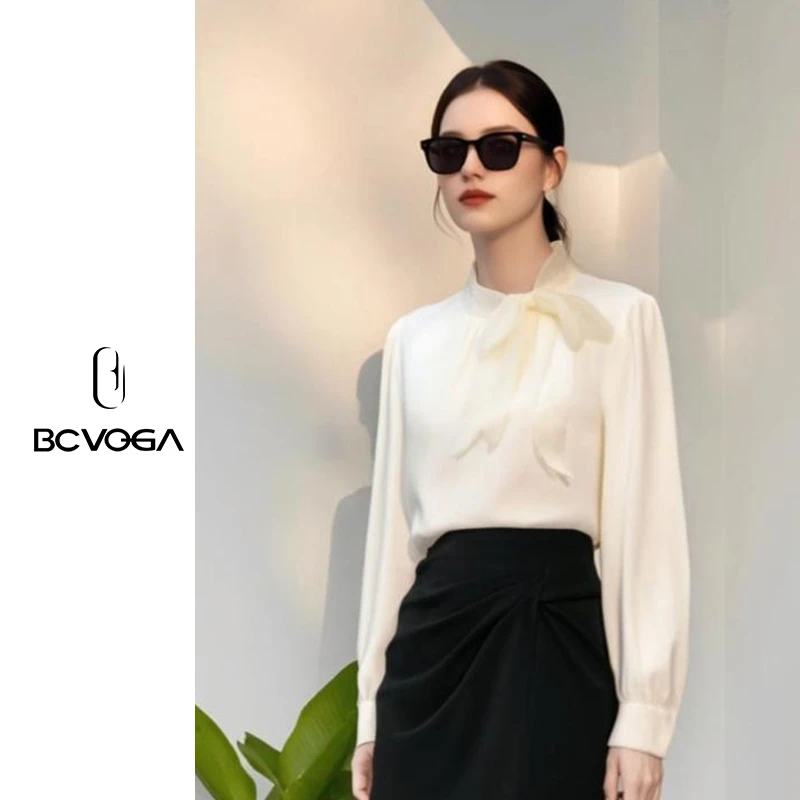 BCVOGA英伦风斜襟长袖小众职业蓝色长袖衬衫半开纯色设计感正装