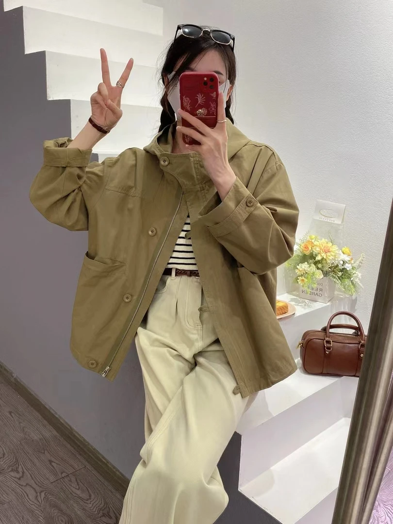 2025新款日系原单工装小个子连帽外套女慵懒宽松插肩袖短款风衣