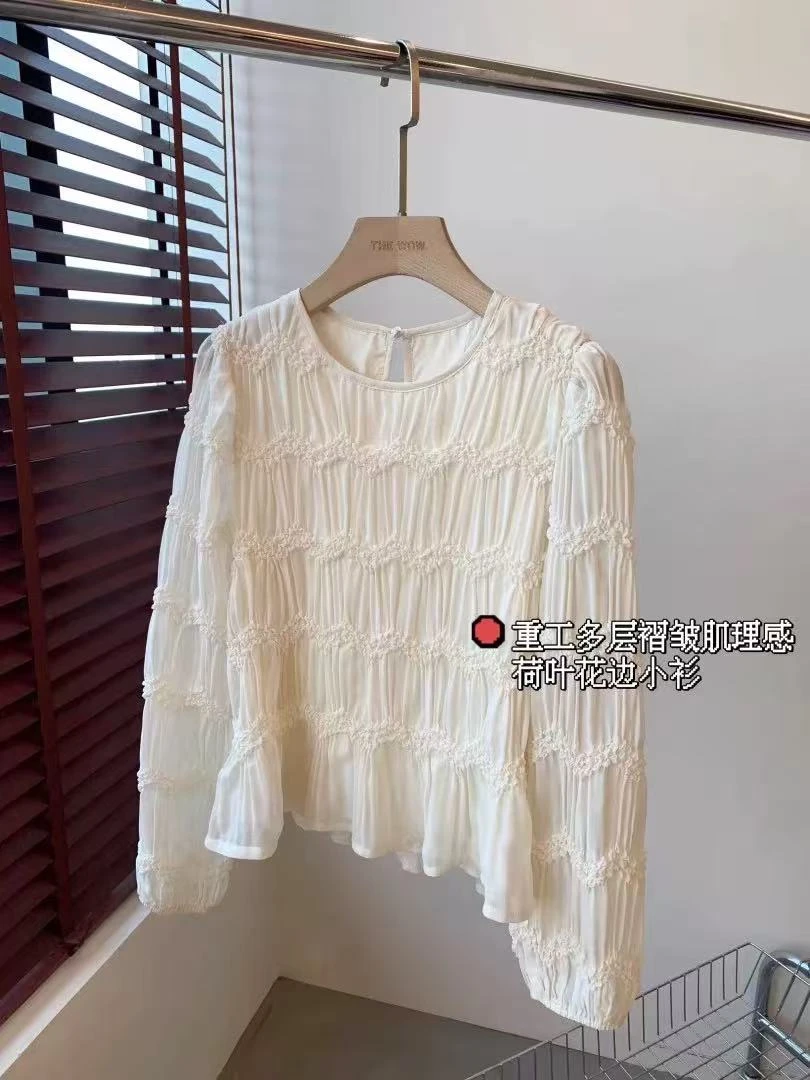 设计感仙仙的褶皱肌理感长袖衬衫女雪纺衫上衣