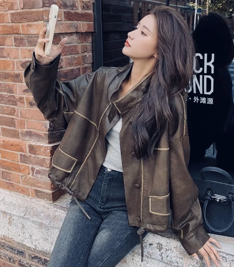棕色pu皮衣外套女春秋2025新款爆款今年流行港风机车皮夹克短7985