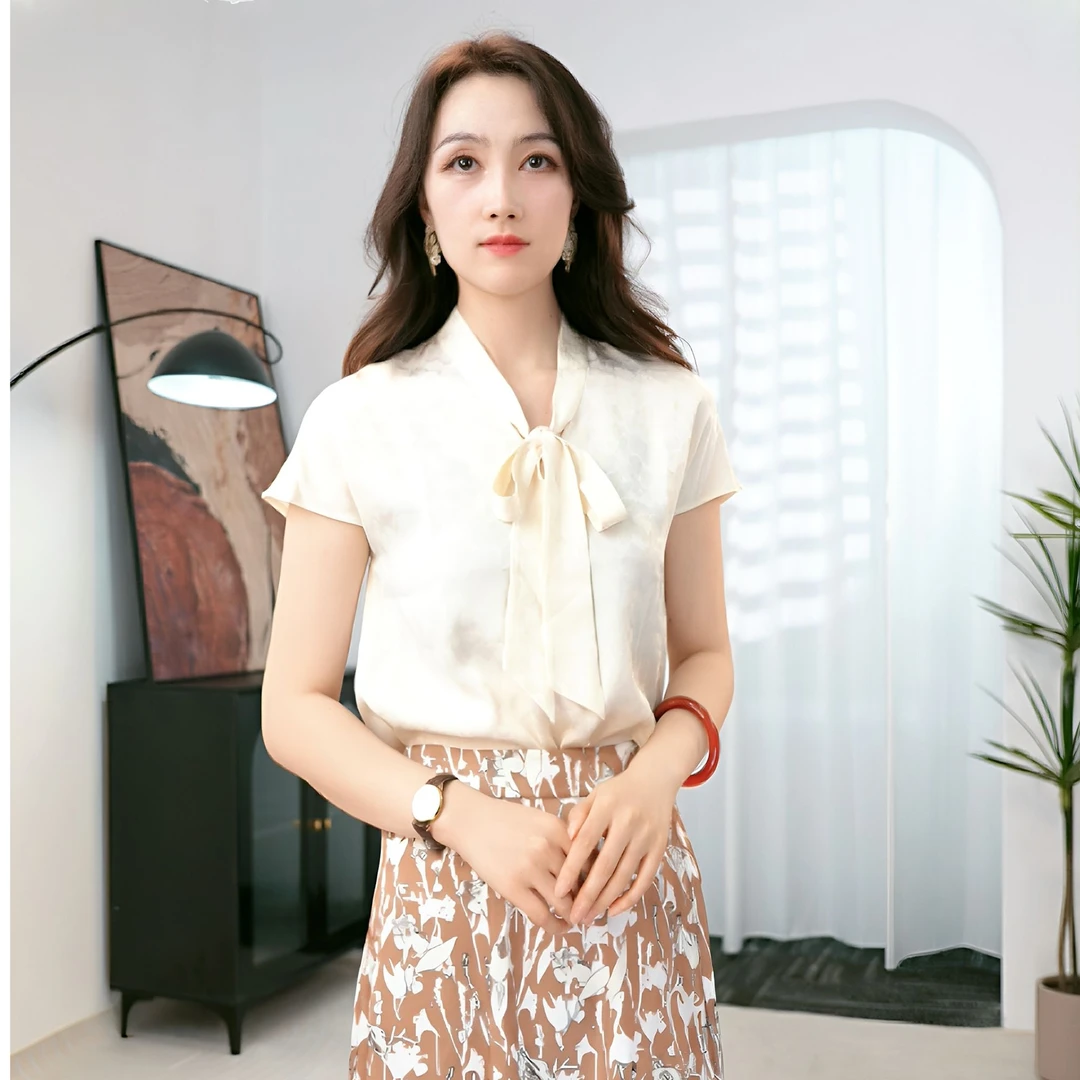 纯色蝴蝶结短袖蝴蝶飘带领衬衫设计感工装工作服女装8462F929E1