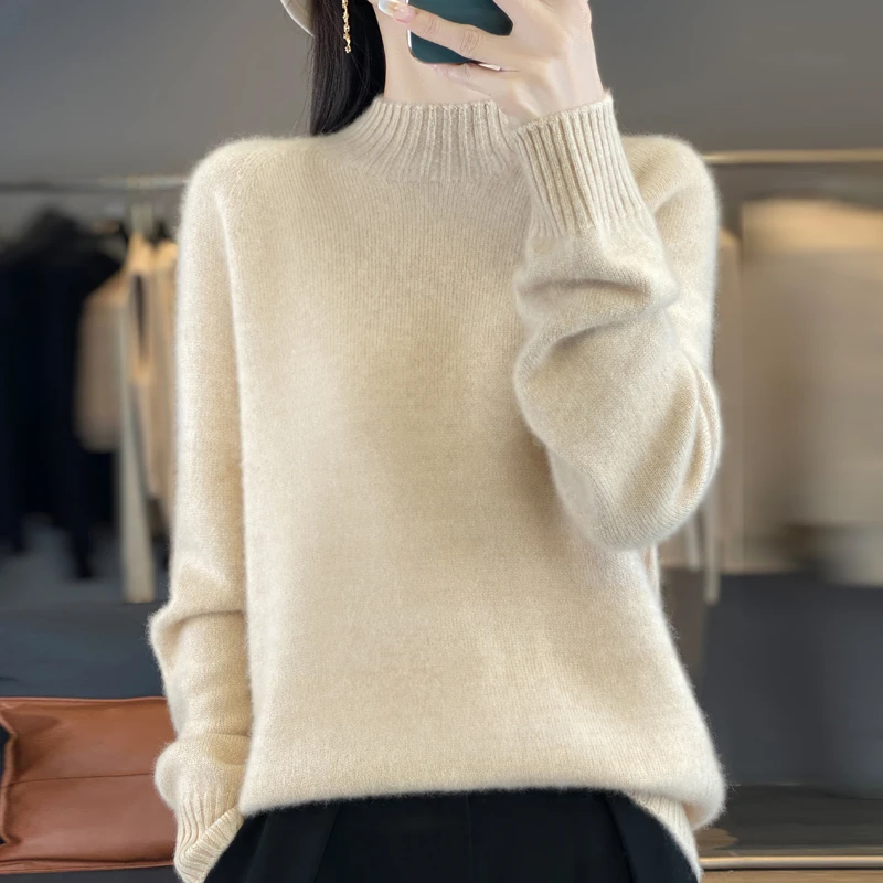 秋冬100%羊毛衫女半高领纯色无缝套头毛衣宽松显瘦百搭长袖针织衫