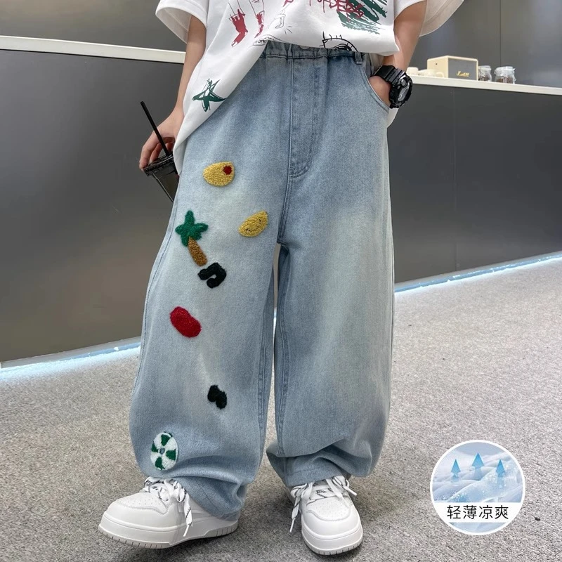 男童薄款毛巾绣牛仔裤2025夏季薄款儿童INS穿搭冰丝直筒防蚊裤潮