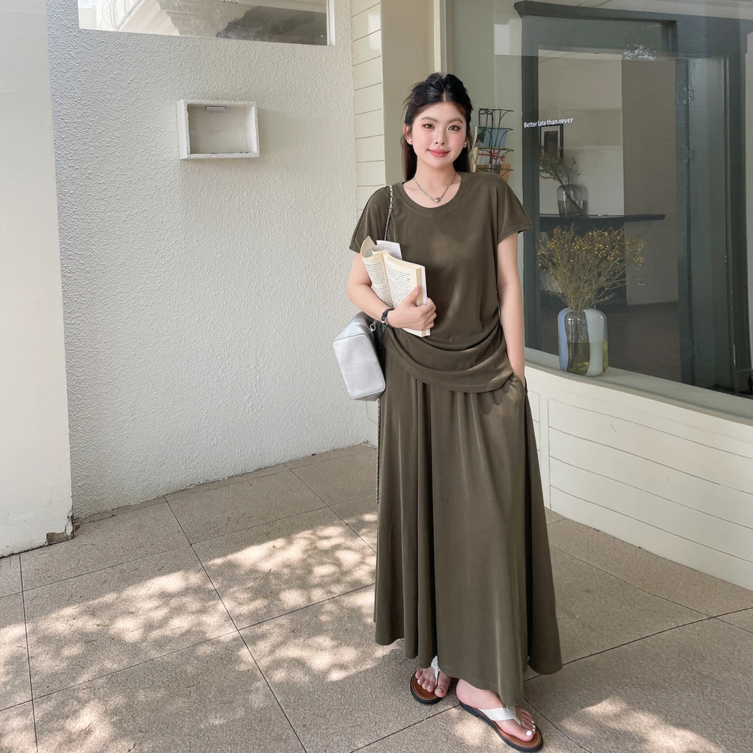 BUMENYLEE大码女装夏季胖mm收腰显瘦短袖T恤高腰A字半身裙套装