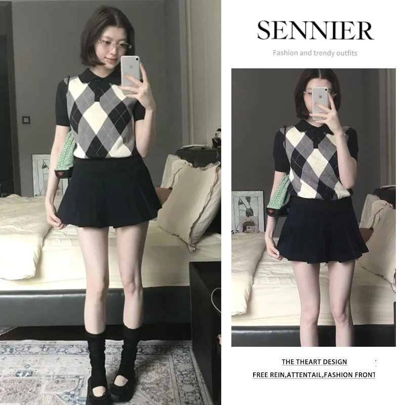 【现货】时尚穿搭2025爆款韩系菱格翻领短袖显瘦百搭百褶短裙两件套