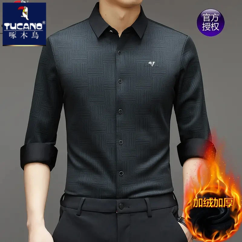 啄木鸟高档长袖衬衫男士秋冬季商务休闲中年加绒保暖衬衣男衬衫