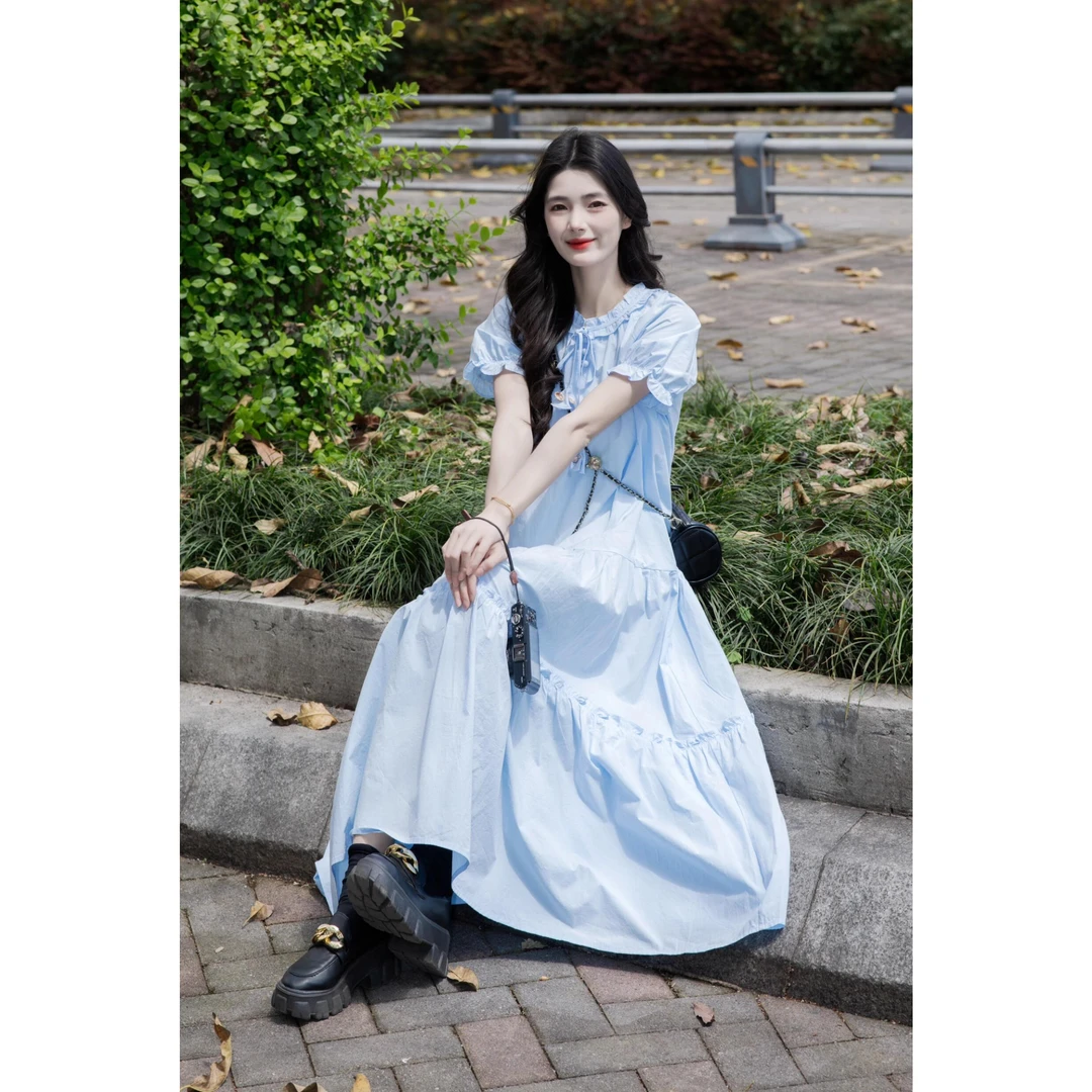 法式蓝色木耳边短袖连衣裙2025夏季新款气质减龄通勤宽松a字长裙