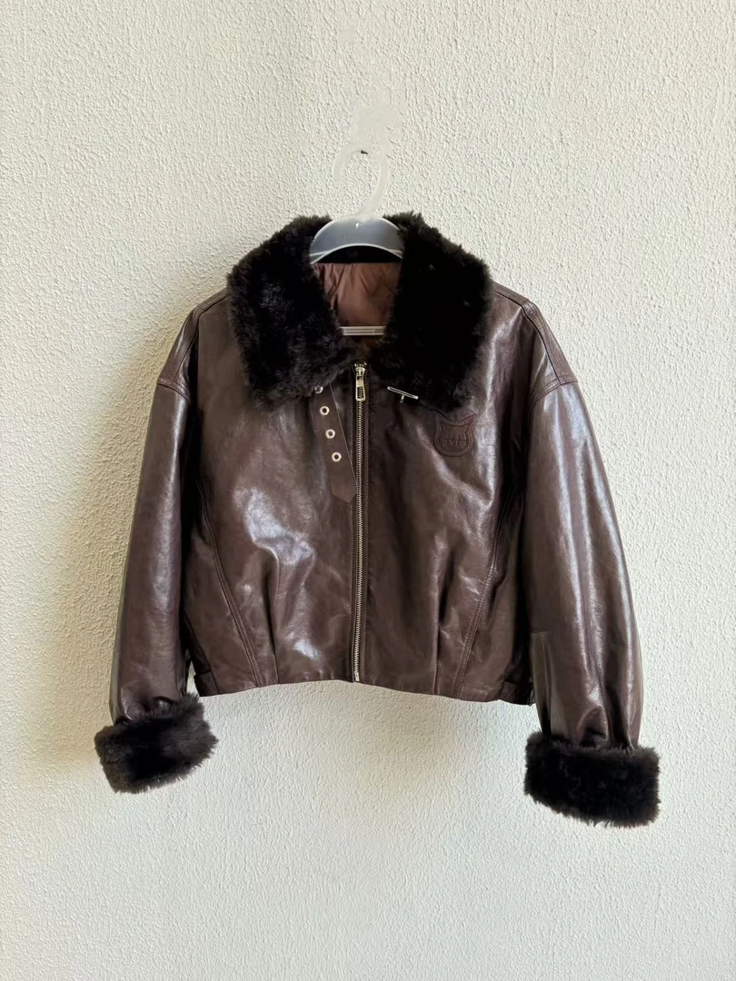 棕色鹅绒服DY3365樱美嘉冬季新款羊毛皮领绵羊皮保暖外套