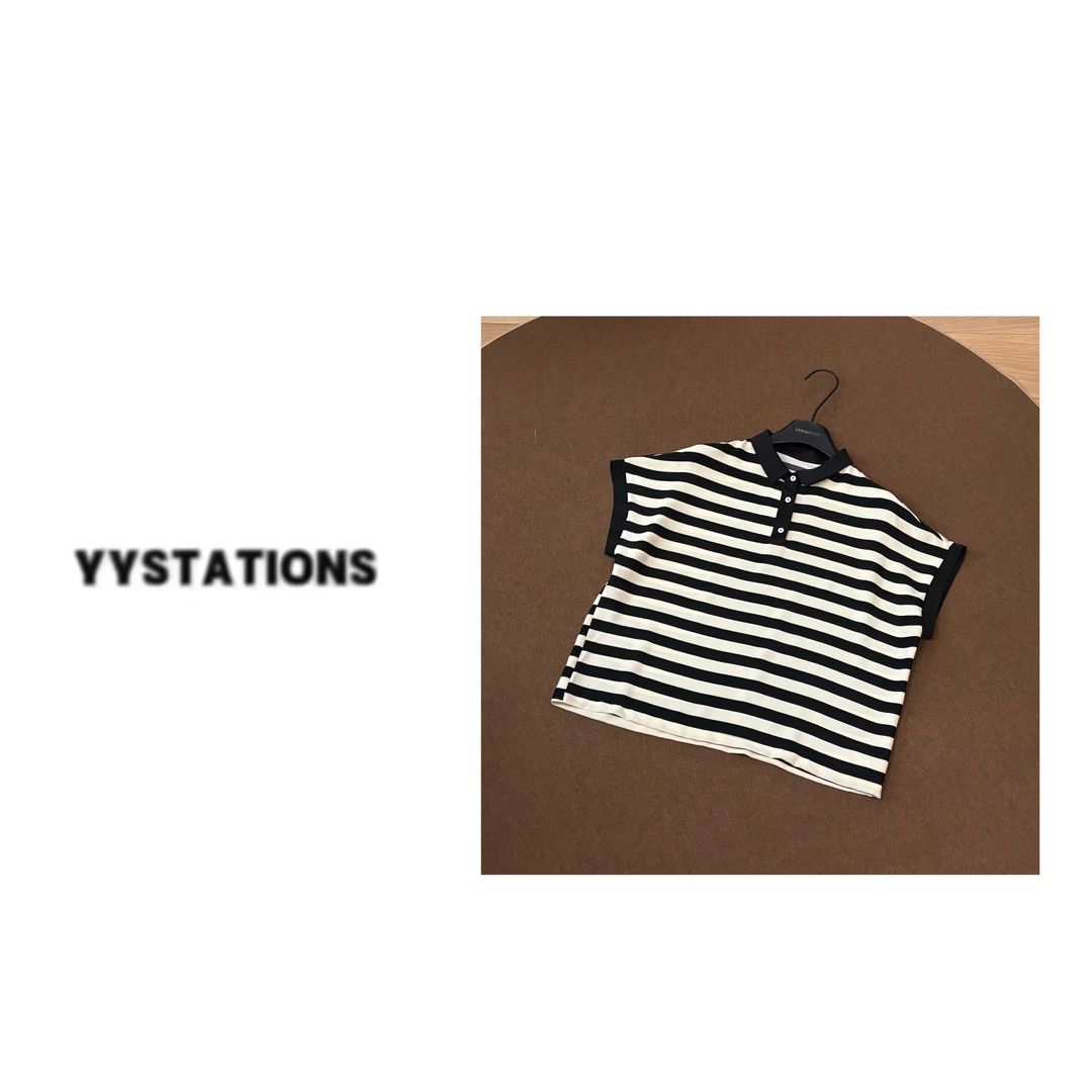 YYSTATIONS 欧货时尚条纹带扣蝙蝠袖百搭简约宽松上衣-6915