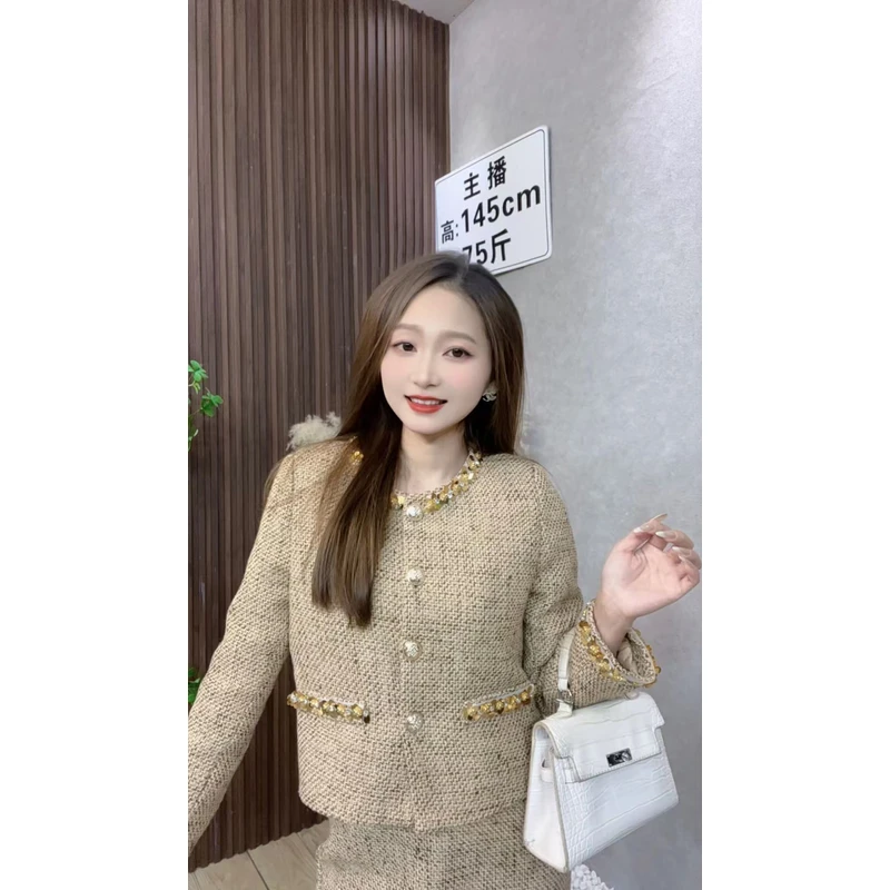【清】小个子定制香风名媛百搭圆领短款外套高腰垂感A字裙套装24055
