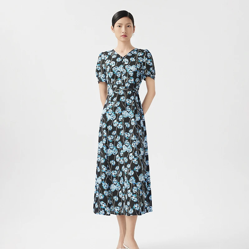 LANCY/朗姿夏季新款短袖修身碎花连衣裙女气质高级感裙子度假