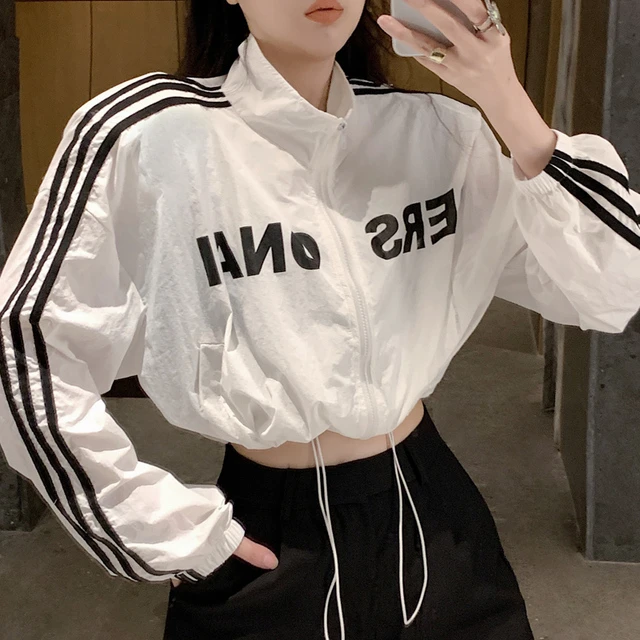 拉链立领条纹外套女夏季设计感小众纯欲辣妹性感短款抽绳防晒上衣