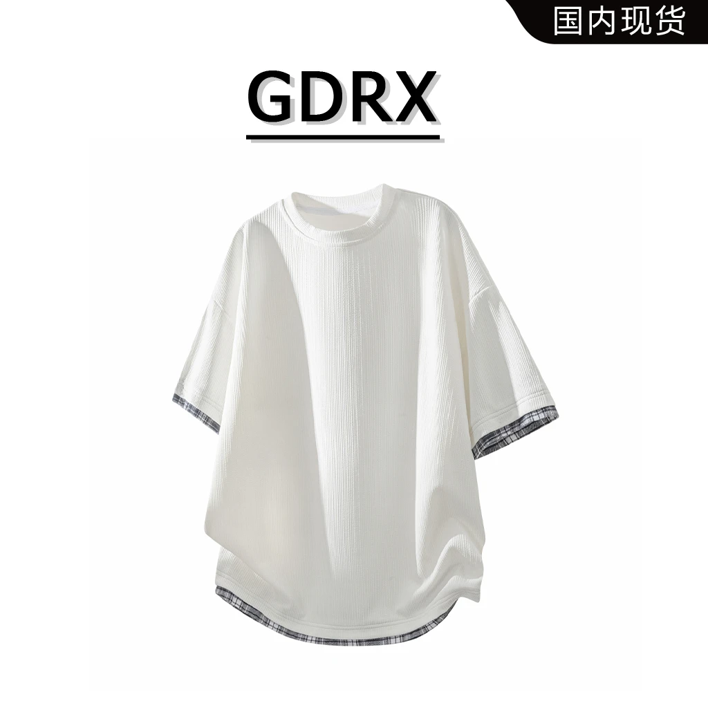 GDRX美式复古假两件短袖T恤男士夏季新款运动凉感上衣高级感男装