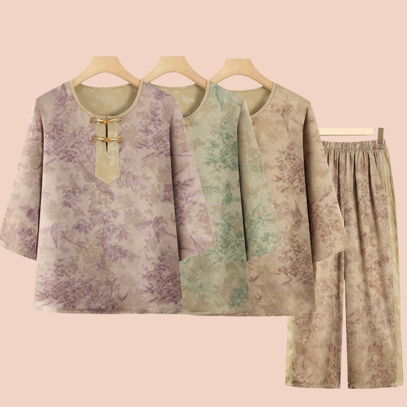 奶奶夏装薄款七分袖T恤女中老年人奶奶休闲小衫上衣裤子两件套装