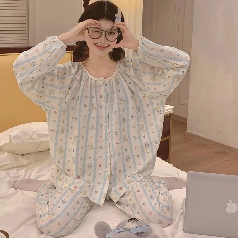 睡衣女春秋薄款长袖云朵棉可爱甜美小熊外穿新款套装家居服爆款