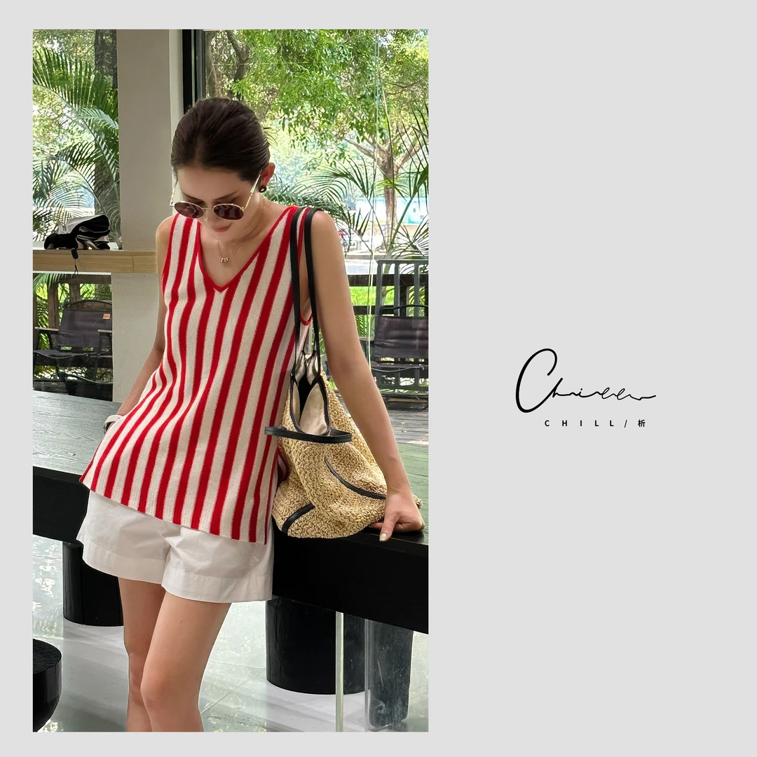 CHILL析【红色律动】夏季V领亚麻条纹显瘦背心 Z2124