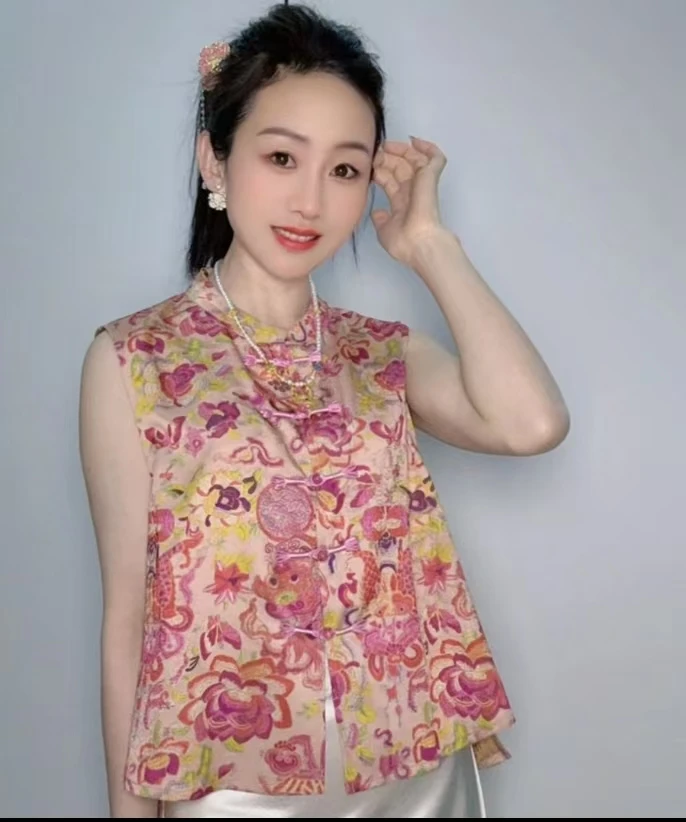 【如鱼得水】衣服夏季复古碎花女装提花马夹常规款中式民族风上衣