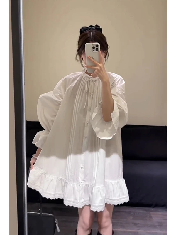 大方得体绝美法式小香风宽松白色蕾丝花边领长袖衬衫连衣裙女秋季