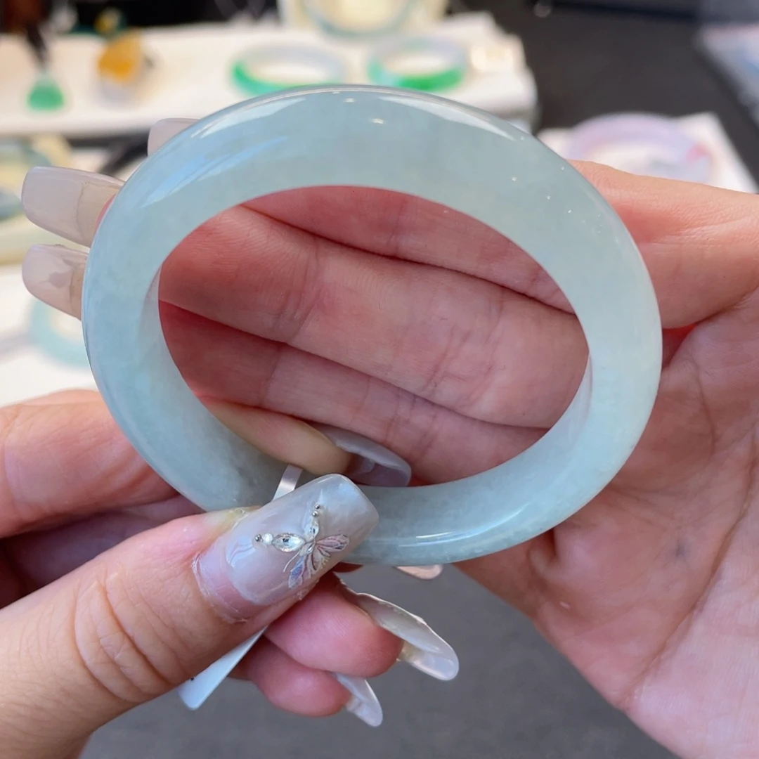 翡翠手镯未镶嵌35号50.8有纹冰晴绿显白