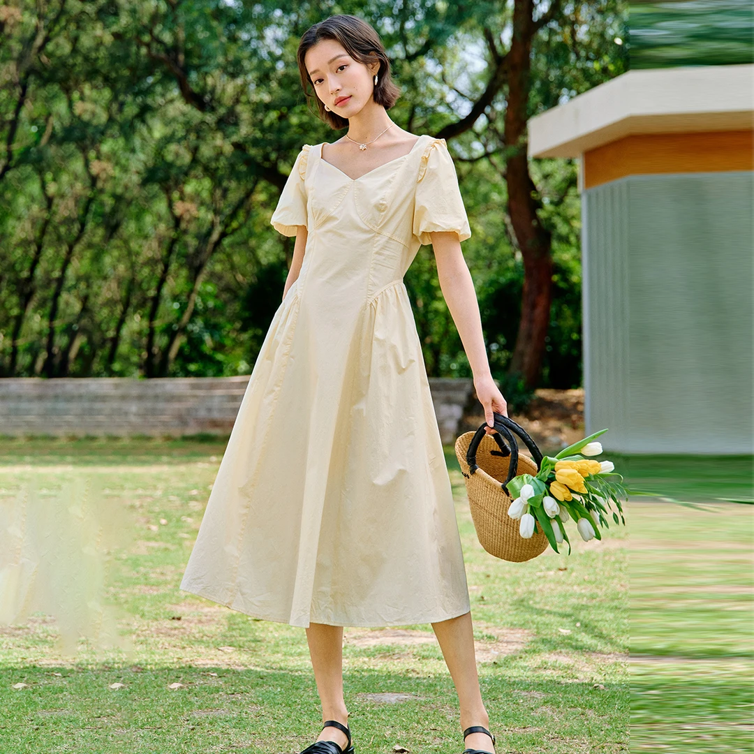 【欧若风新品】茵夏季法式泡泡袖连衣裙时尚气质休闲百搭方领连衣裙