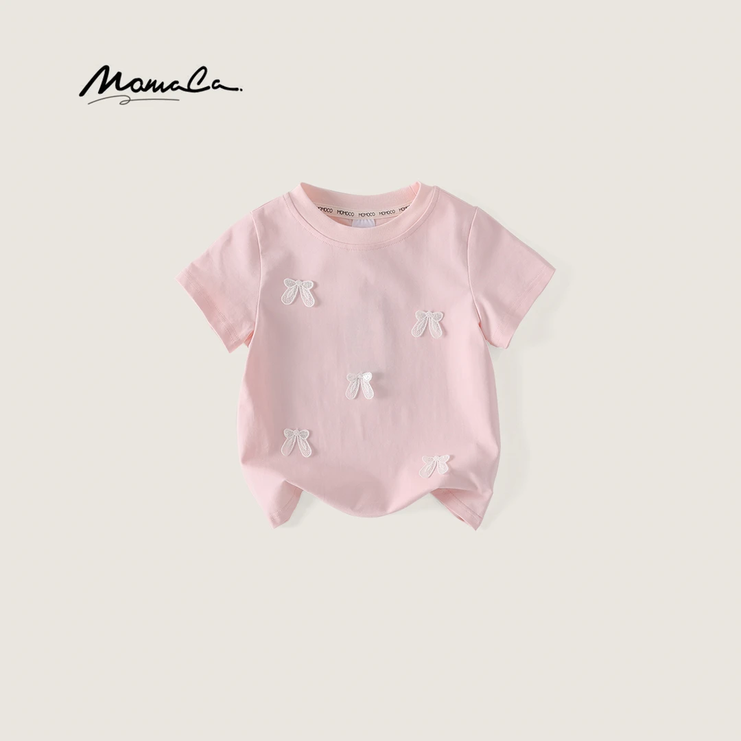 MOMOCO女童夏季欧若风新款蝴蝶结时尚纯色T恤77630235016