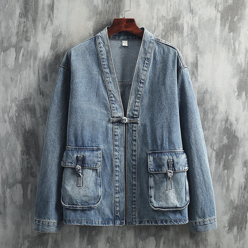 复古文艺 中国风男装做旧水洗牛仔唐装外套 新中式穿搭 盘扣上衣