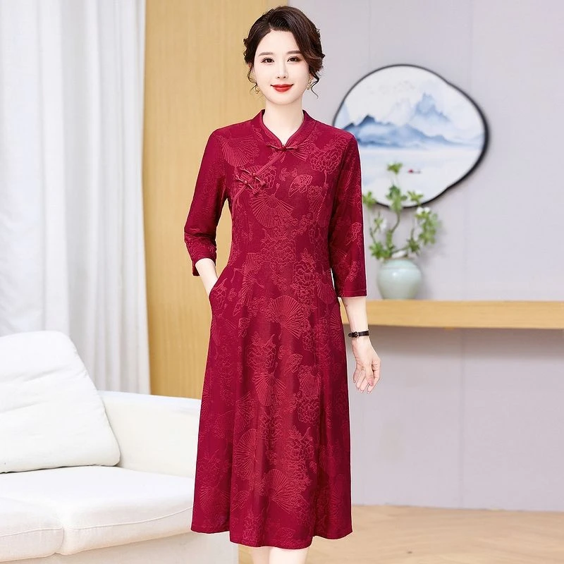 妈妈婚宴礼服气质旗袍裙子50岁中老年女春秋装喜婆婆七分袖